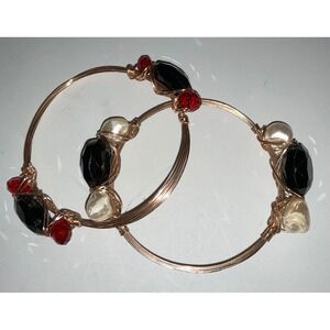 Set of 2 Bangle Bracelets - Red, Black & Cream Beaded Gemstone Wire Wrapped